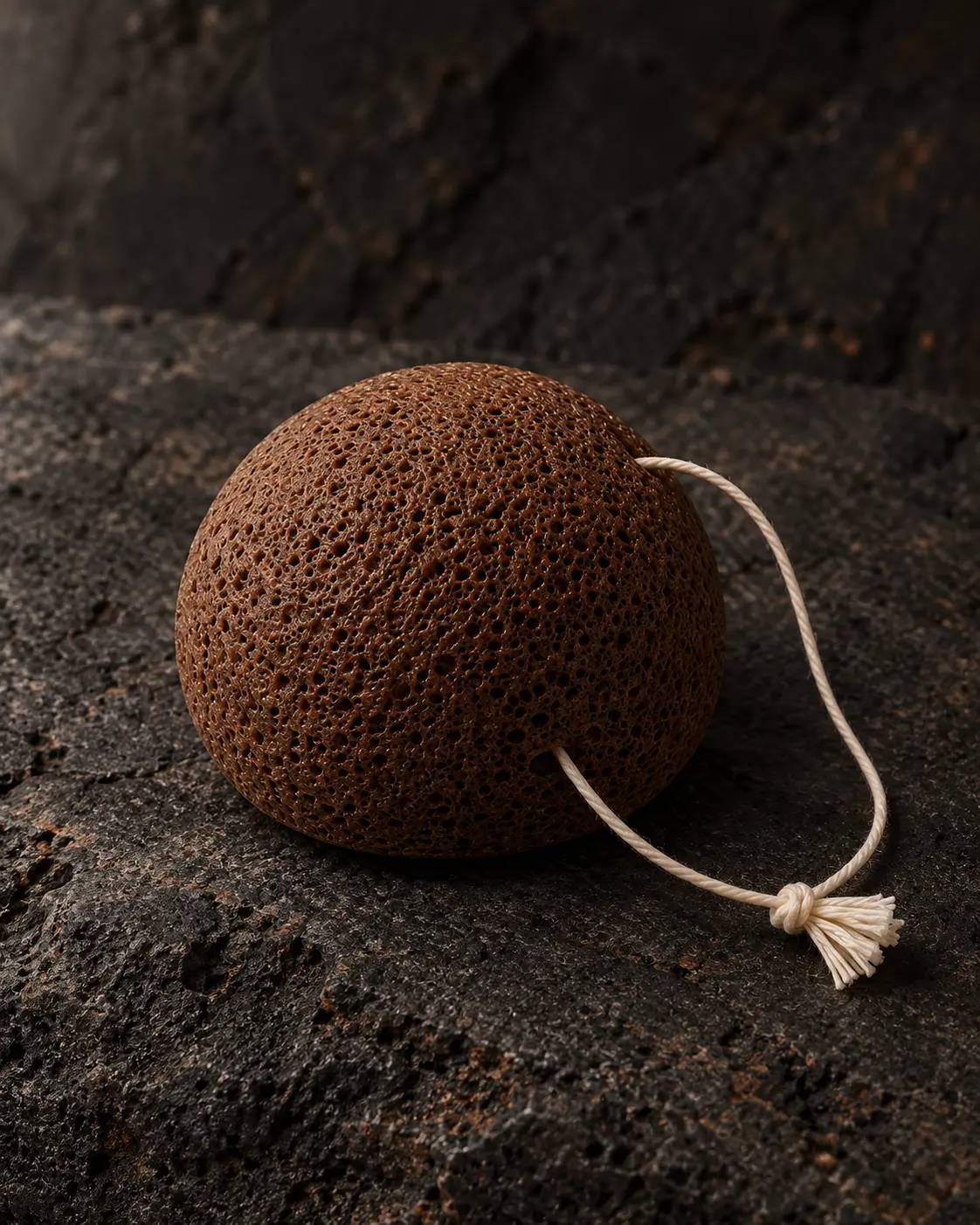 Dry brown VOLCANIQUE® Konjac sponge on volcanic stone