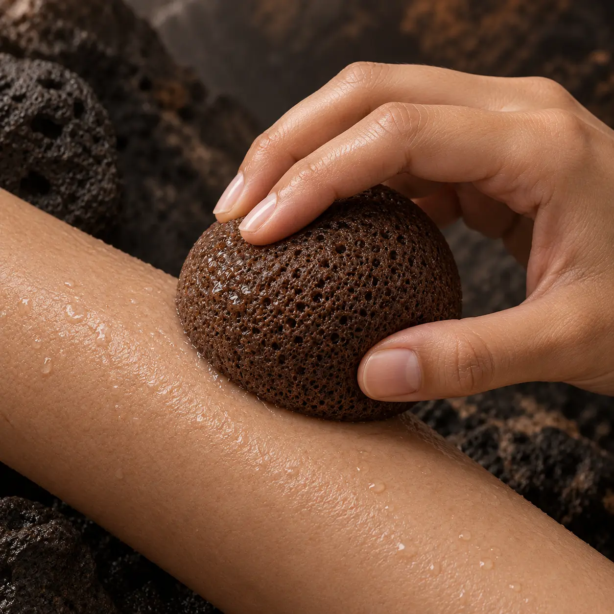 Hydrated VOLCANIQUE® Konjac sponge used gently on damp skin