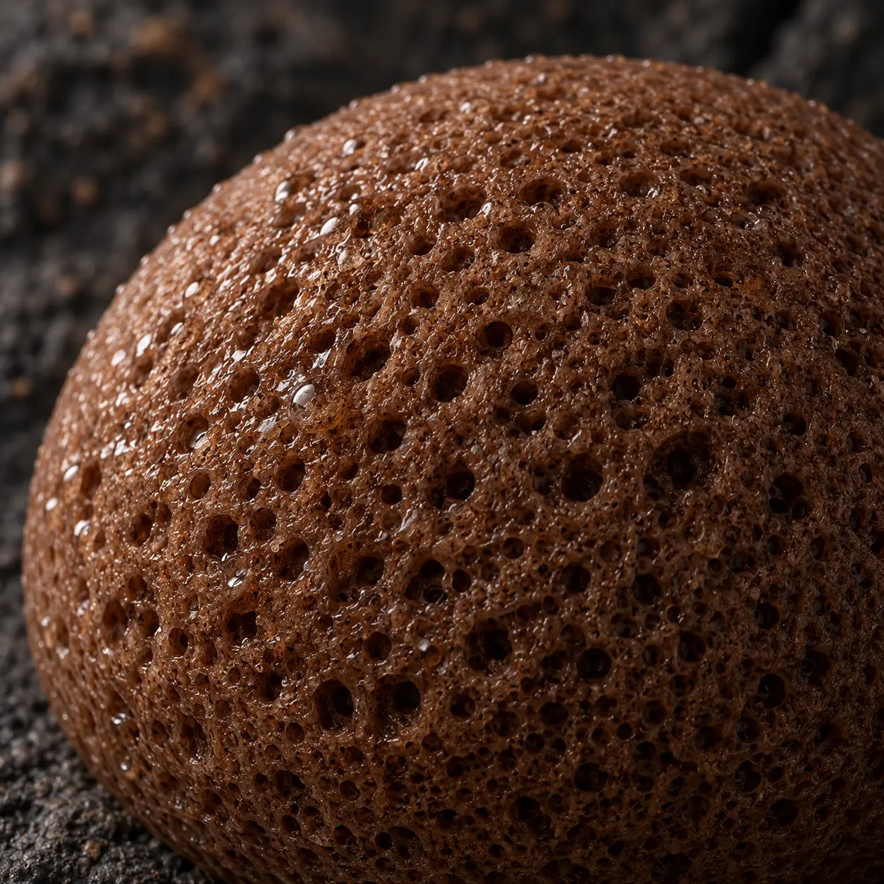 Soft hydrated texture of a brown VOLCANIQUE® Konjac sponge