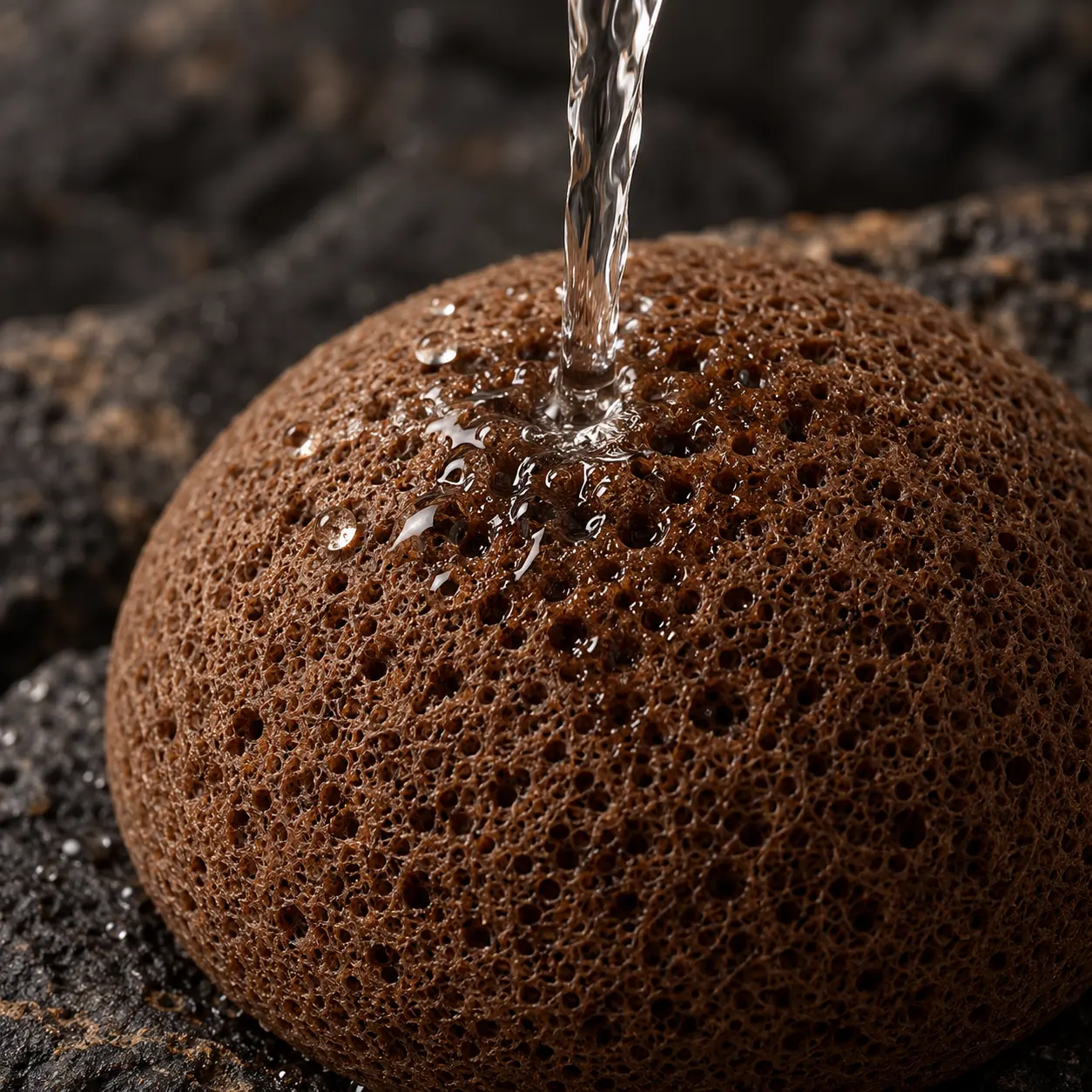 Water soaking a brown VOLCANIQUE® Konjac sponge