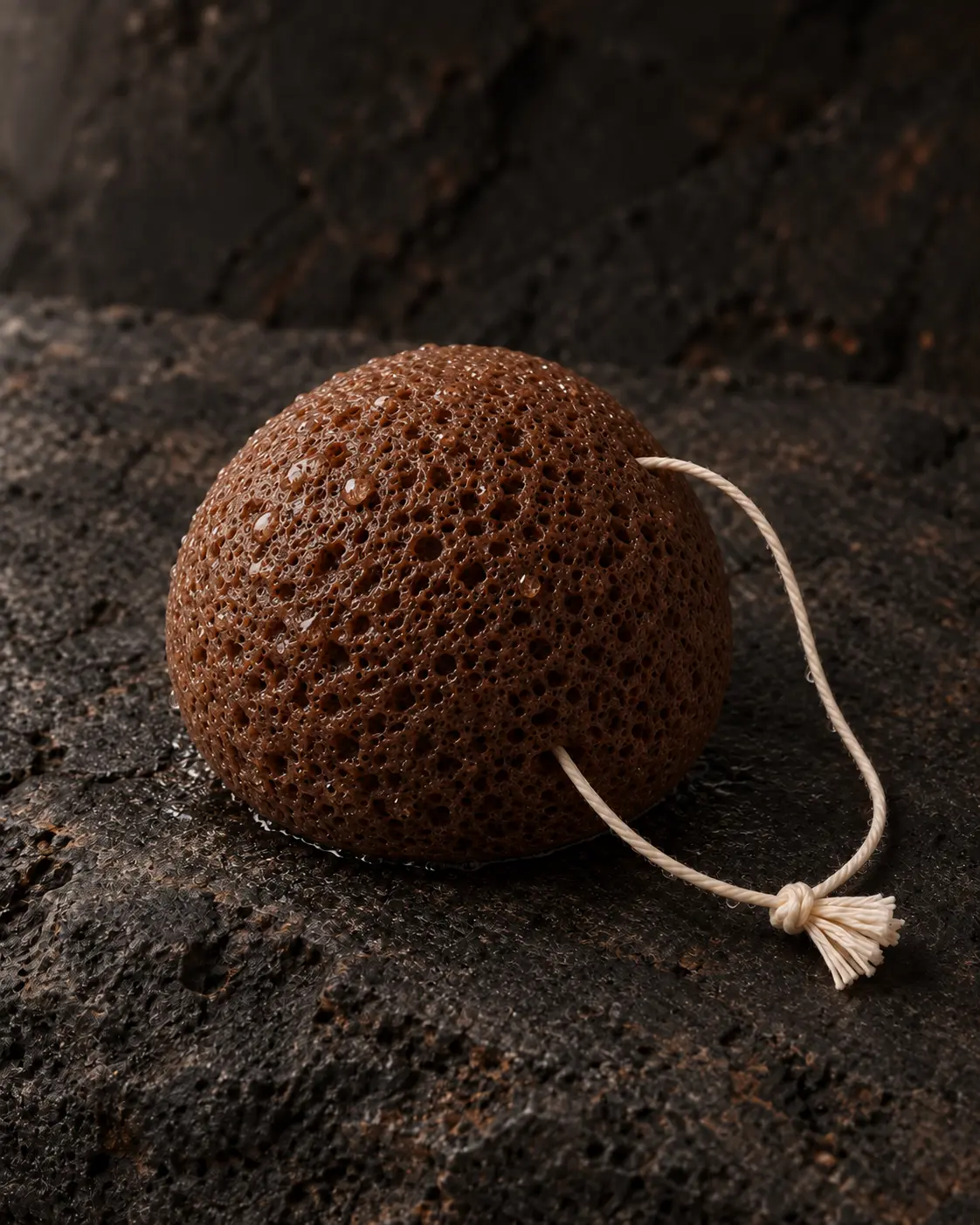 Wet brown VOLCANIQUE® Konjac sponge on volcanic stone