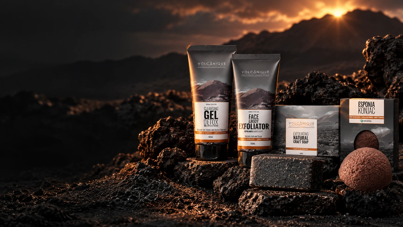 VOLCANIQUE four-product ritual set on volcanic rocks