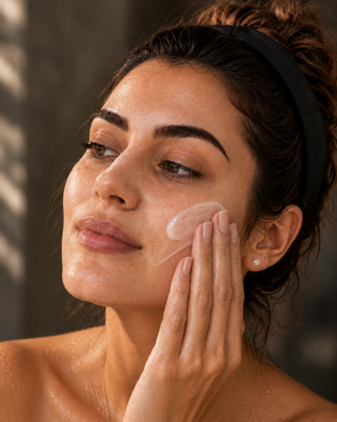 Milena applying hydrating cream gel